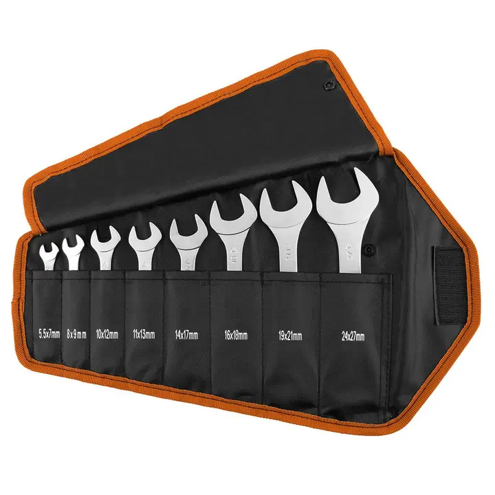 Düz çift taraflı anahtarlar, ekstra ince, 8 parçalık set, 5.5 - 27 mm, rulo kılıfta