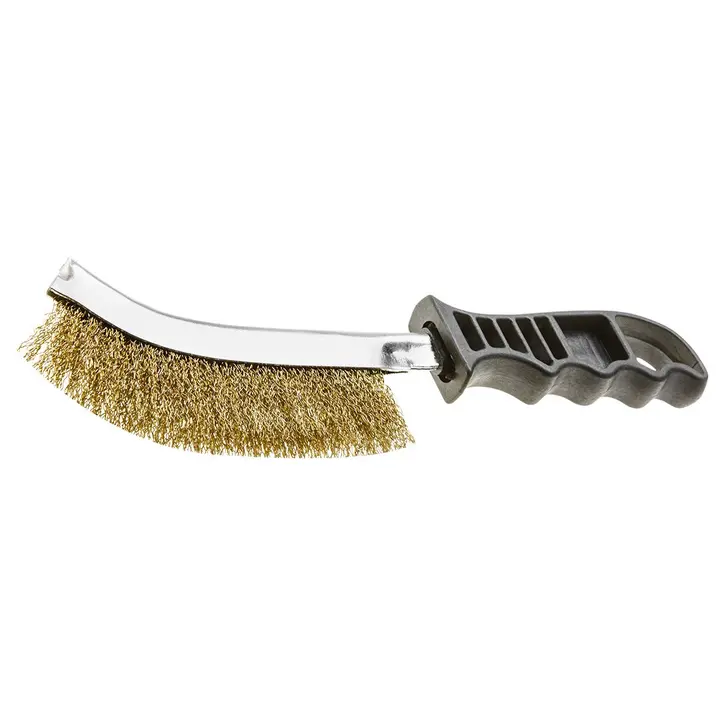Tel fırça 240 mm, plastik saplı, pirinç kaplı, kıvrımlı çelik tel
