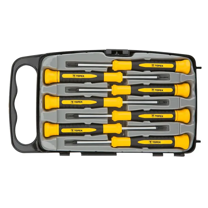 Hassas tornavida seti 7 parça, CrV, düz: 1,5x50mm; 2,0x50mm; 2,5x50mm; yıldız: PH00x50mm, Ph0x50mm; torx: T5x50mm, T6x50mm