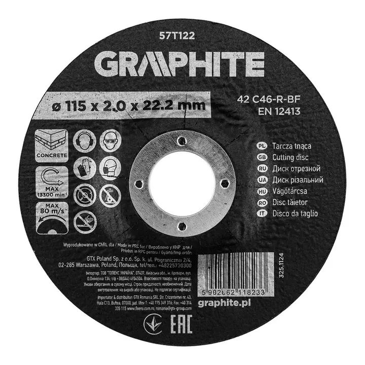 Kesme diski, alüminyum oksit, beton için, konveks 115 x 2.0 x 22.2 mm, 42 C46-R-BF