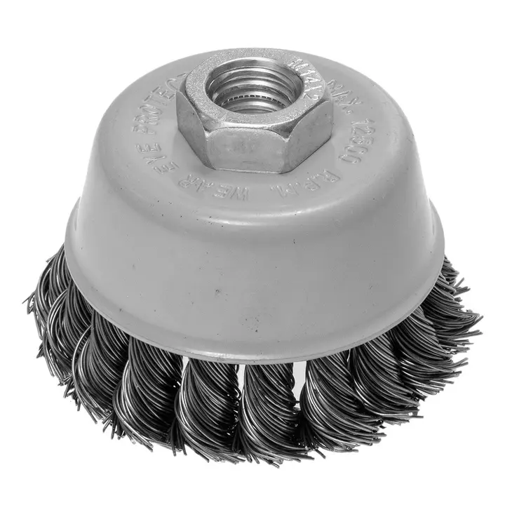 Çanak tel fırça 70 mm, bükümlü çelik tel, M14