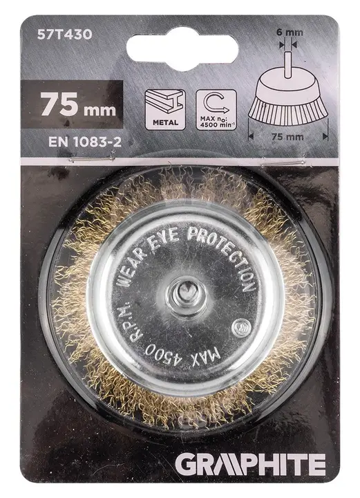 Çanak tel fırça 75 mm, kıvrımlı tel, pirinç kaplı, 6 mm saplı