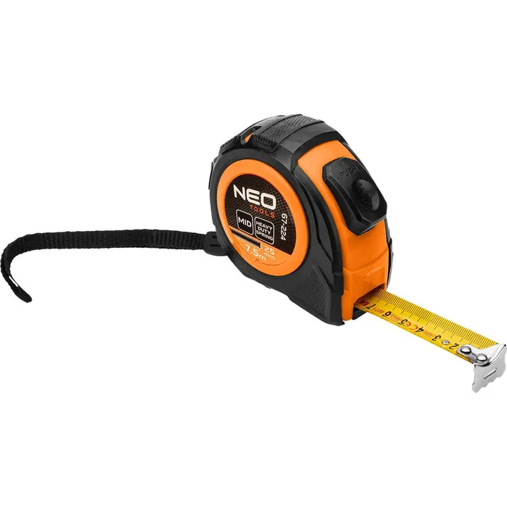 Geri sarılabilir çelik şerit metre 7.5 m x 25 mm, otomatik kilitli, iki durdurma düğmeli
