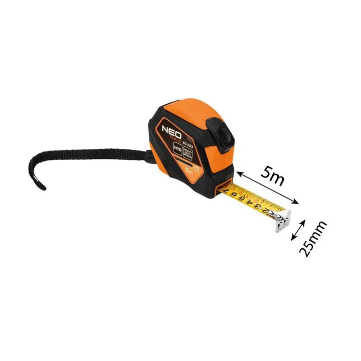 Geri sarılabilir çelik şerit metre 5 m x 25 mm, otomatik kilitli, durdurma düğmeli, mıknatıslı