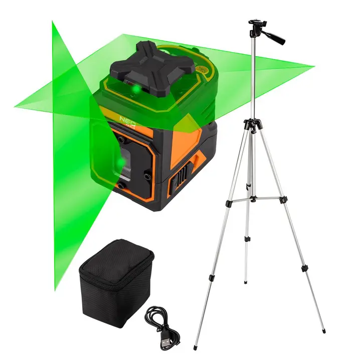 Düzlem lazeri 30 m, 5 çizgi, 360° yatay, çanta ve tripod (1.5 m) ile
