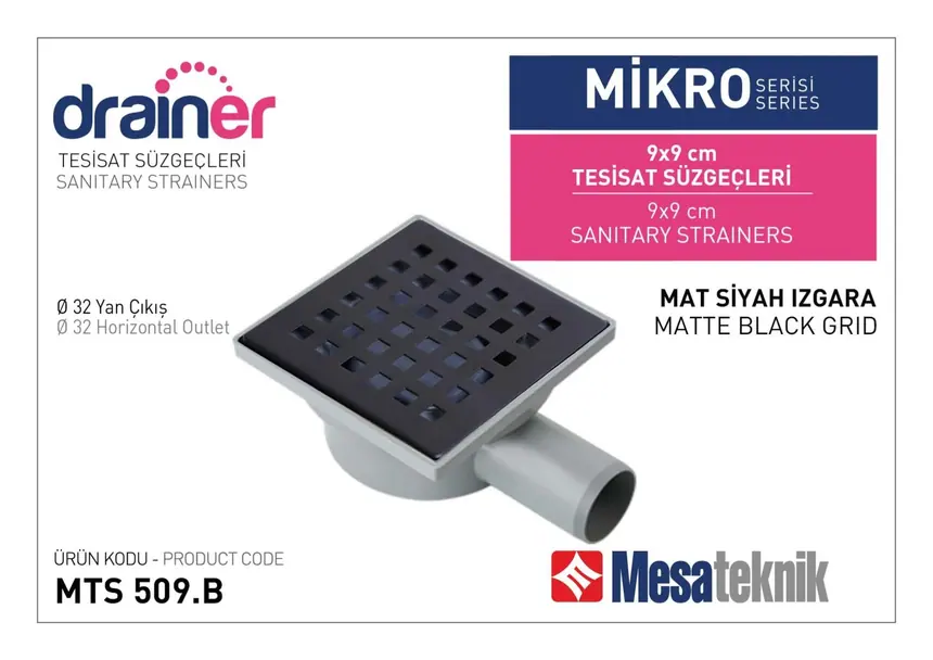 MTS 508B Mikro Serisi Tesisat Süzgeci Mat Siyah Izgara